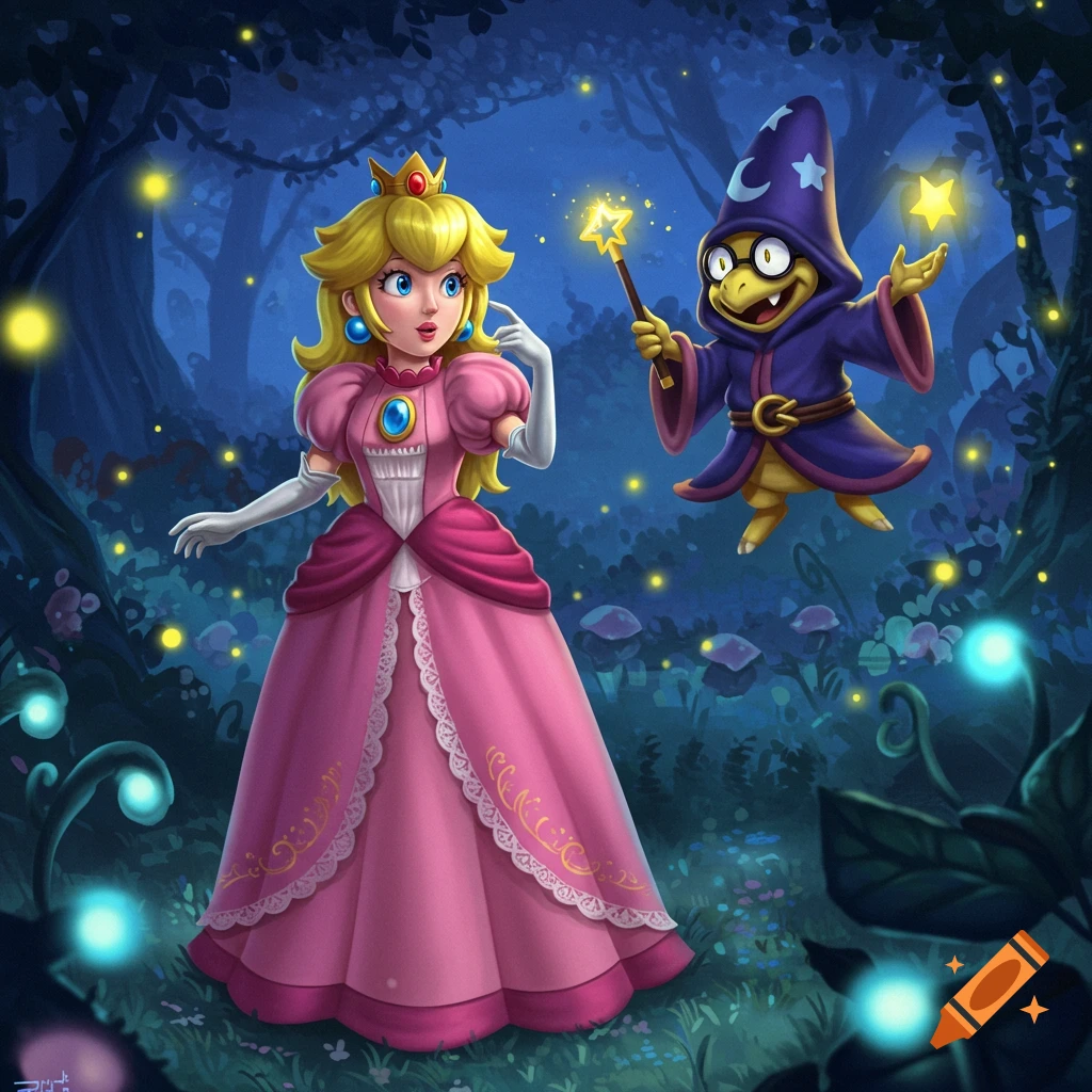 Colorful illustration of Princess Peach in a pink dress, paused in a magical forest at night, while Kamek floats nearby with a glowing star wand.
