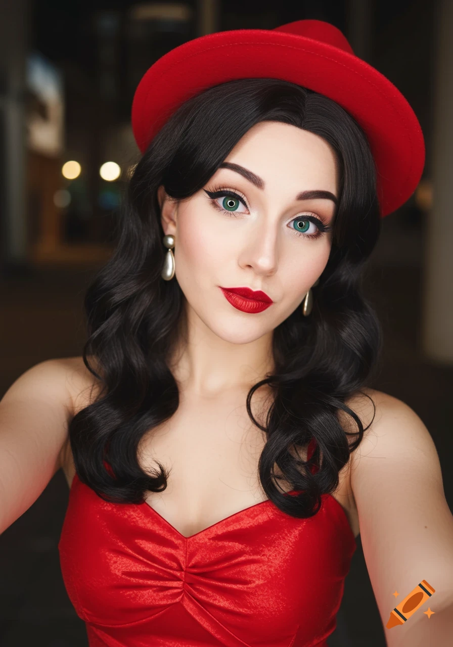 Photorealistic portrait of a woman cosplaying as Pauline from Mario, wearing a red hat and dress, with black hair and green eyes.
