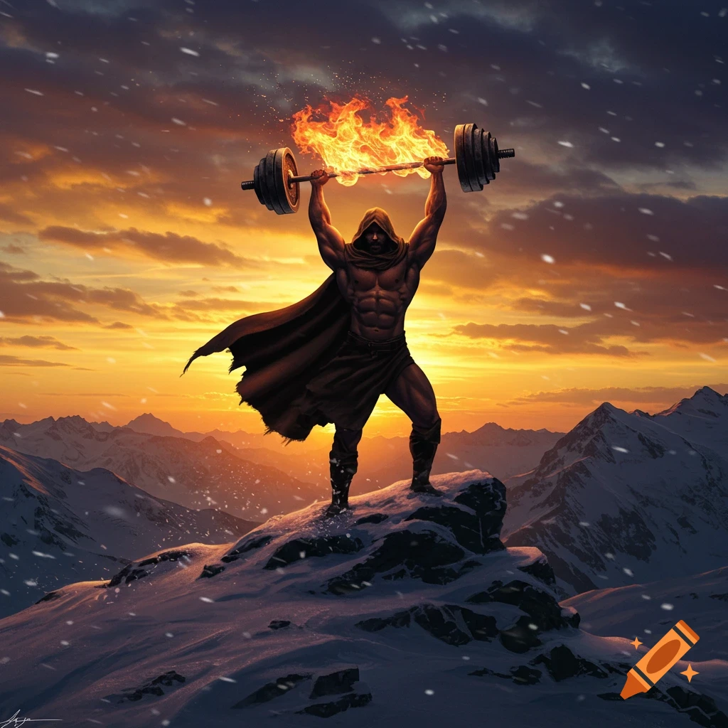A hooded, muscular man in a cloak holds a flaming barbell overhead on a snowy mountain peak at sunset.