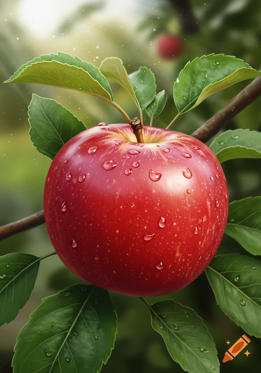 A close-up, photorealistic image of a vibrant red apple covered in water droplets, hanging from a branch with green leaves, illuminated by sunlight.