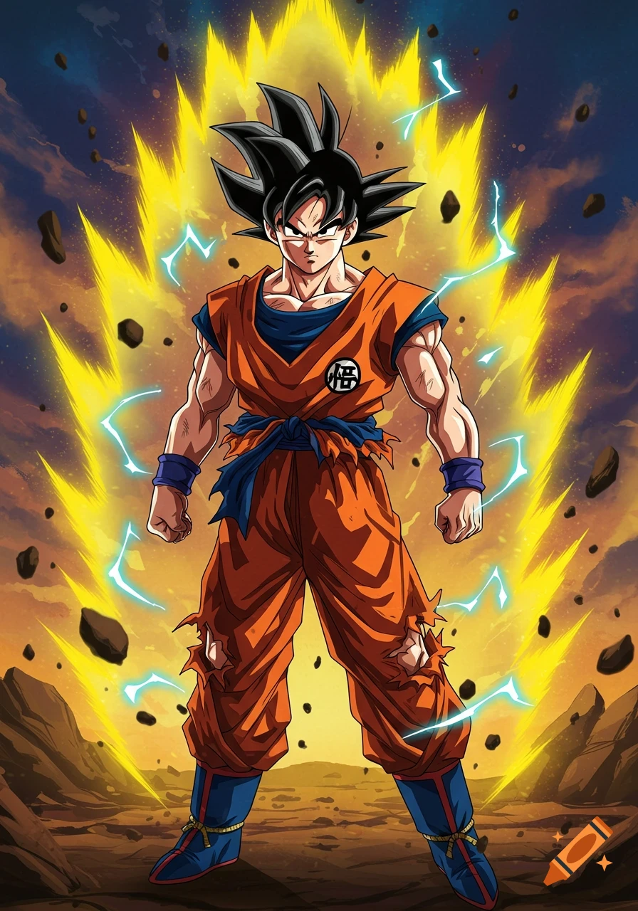 Anime depiction of Goku in Super Saiyan form, surrounded by a golden aura and lightning, standing in a rocky landscape under a dramatic sky.
