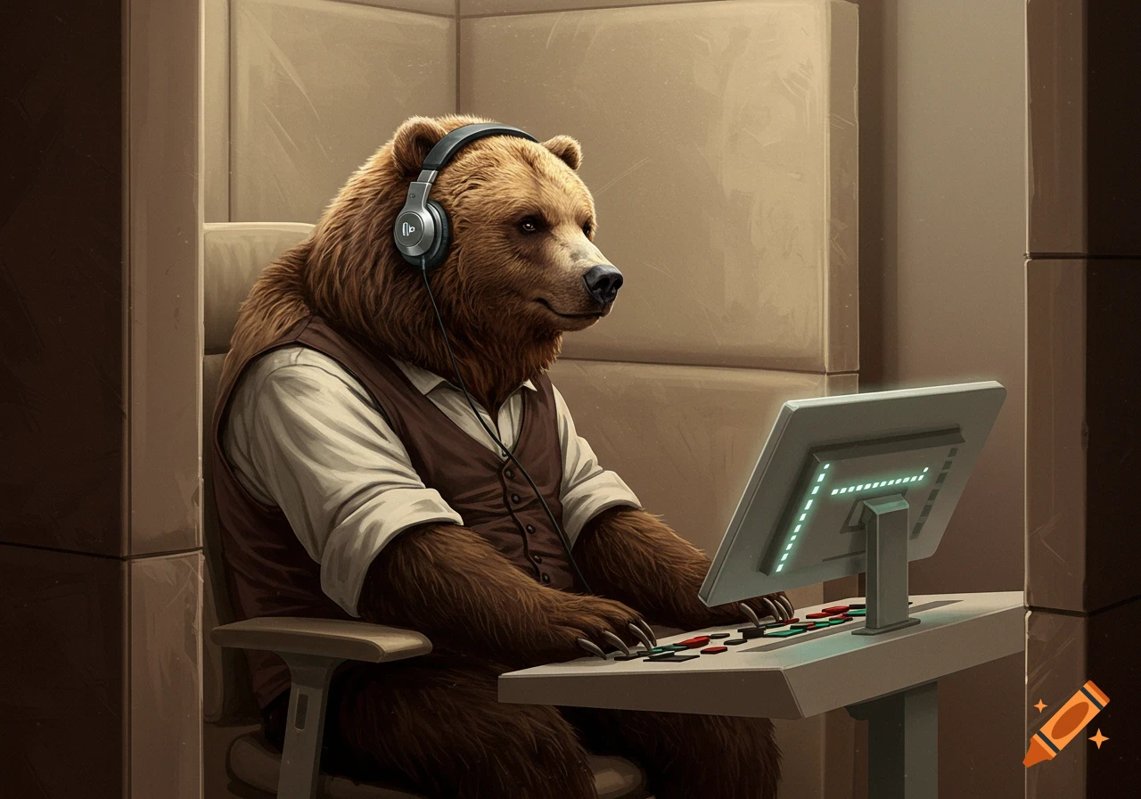 A grizzly bear wearing headphones and a brown vest sits at a desk in a cubicle, looking at a glowing computer screen and typing on a console.