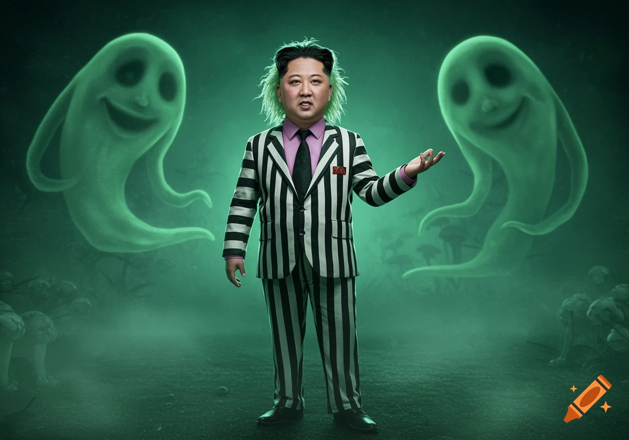 Kim Jong Un dressed as Beetlejuice in a black and white striped suit with green hair, standing between two smiling green ghosts in a foggy, green-lit spooky landscape.