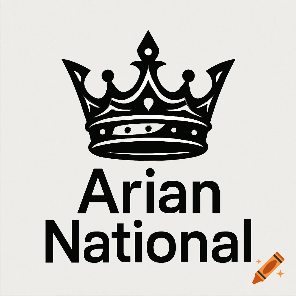 Black and white logo featuring a royal crown above the text 'Arian National'.
