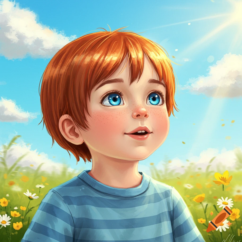 An illustration of a red-haired boy with blue eyes smiling and looking up in a sunny field of flowers.