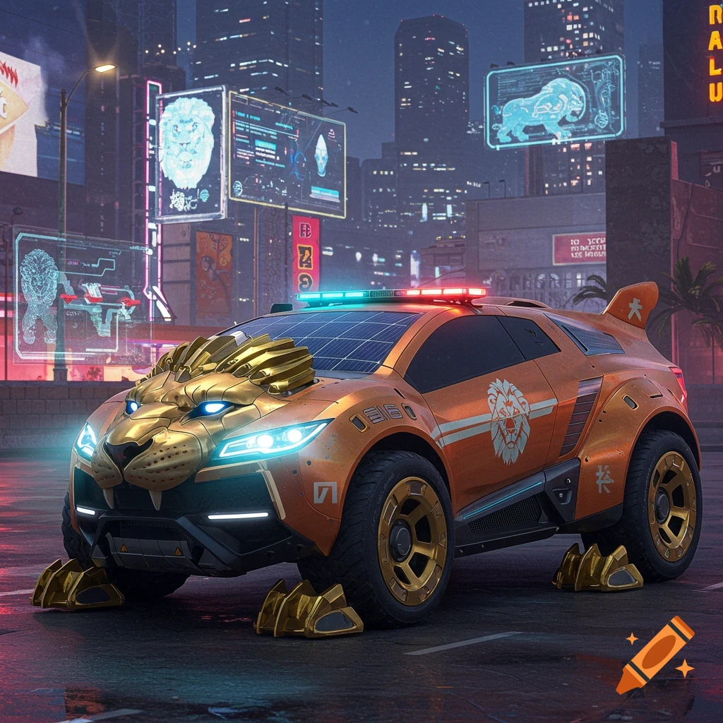 A futuristic, orange lion-themed concept vehicle with glowing blue headlights and a solar panel roof, parked on a wet street in a cyberpunk city at night.