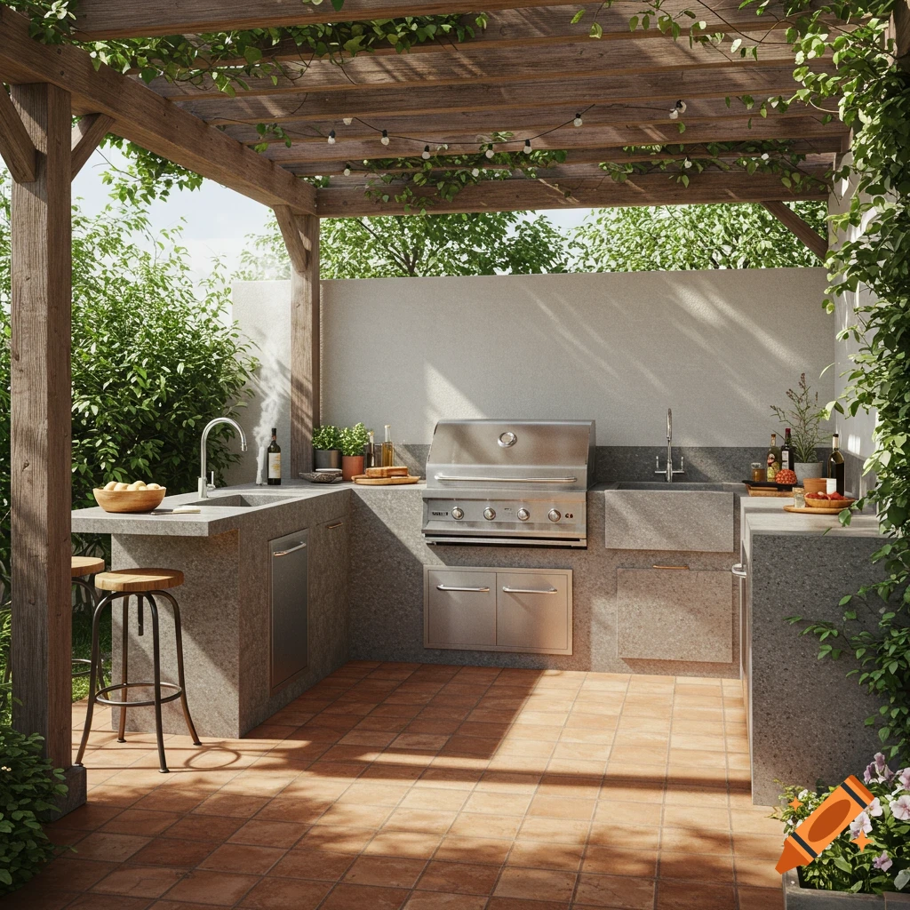A photorealistic image of an outdoor kitchen with a stainless steel grill, stone countertops, and bar stools under a wooden pergola covered in vines.