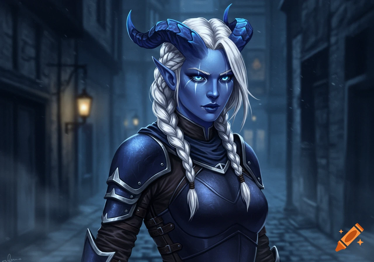 A drawing of a blue-skinned female tiefling rogue with white braided hair, blue horns, and glowing blue eyes, standing in a dark street.