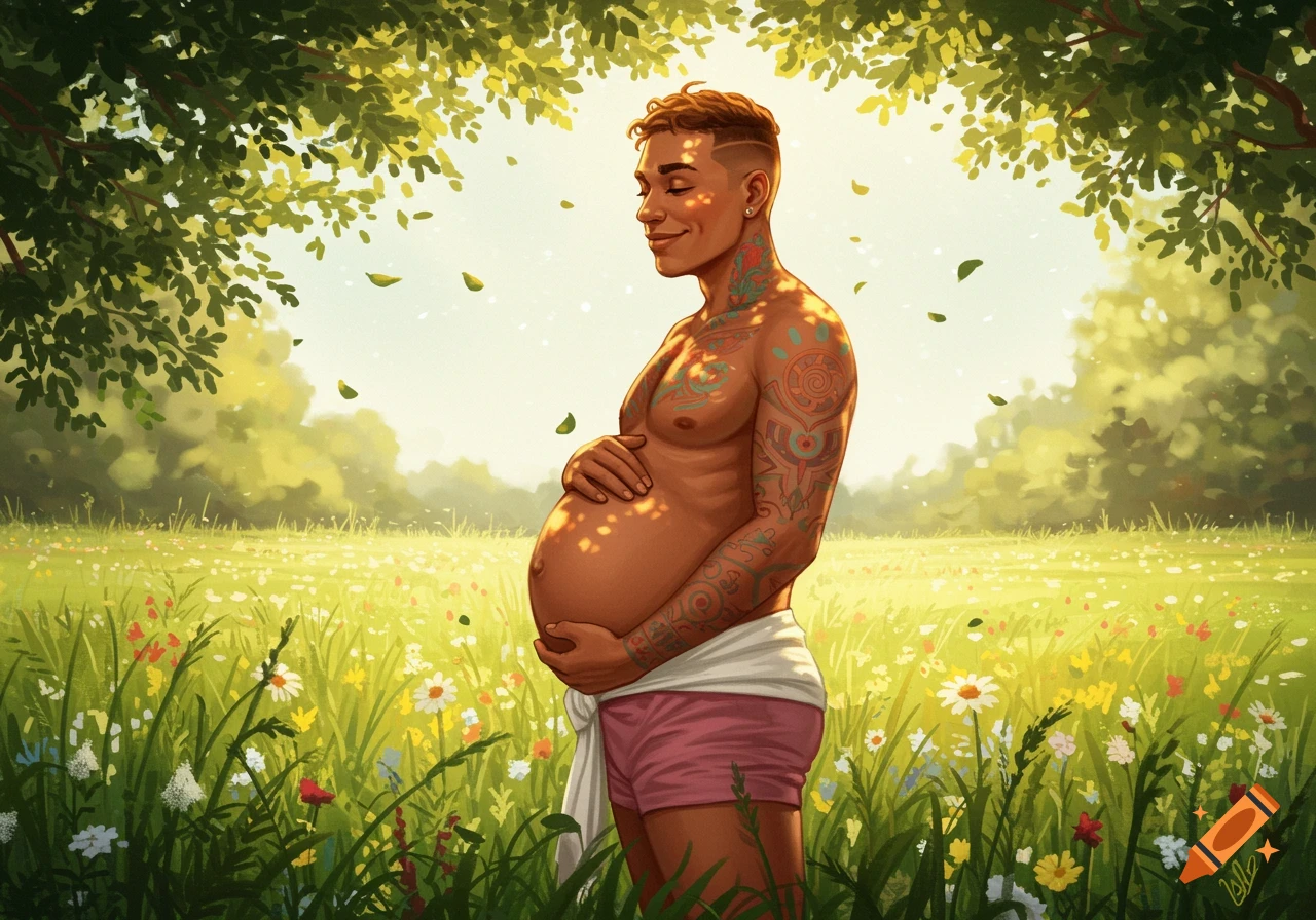An illustrated portrait of a pregnant man gently holding his belly in a sunny meadow under green trees.