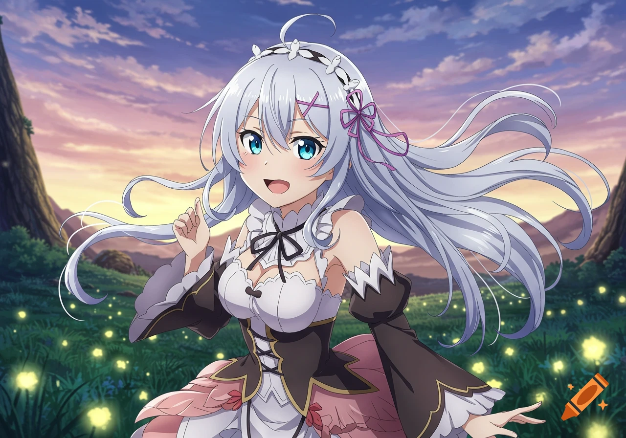 An anime girl with long silver hair and blue eyes smiles, raising a finger, in a vibrant meadow with glowing flowers and a sunset sky.