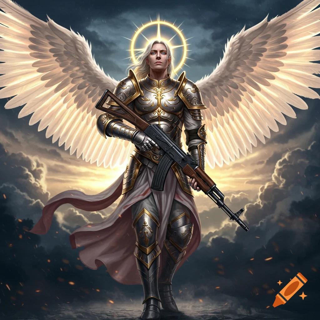 An armored archangel with large white wings and a halo stands against a dramatic sky, holding an AK47 rifle.