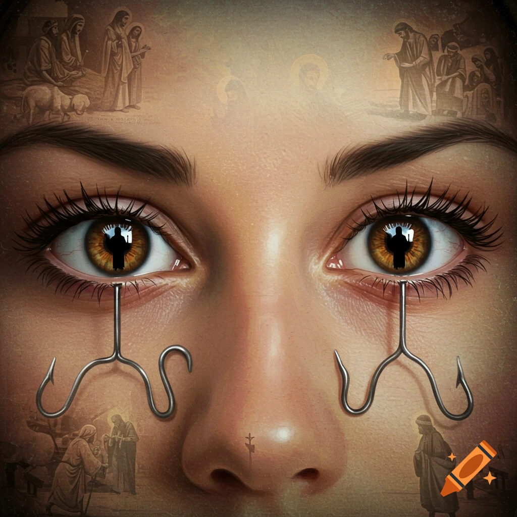 Close-up of a person's brown eyes with metal hooks emerging like tears, silhouetted figures of Jesus in the pupils, and faded biblical scenes in the background.