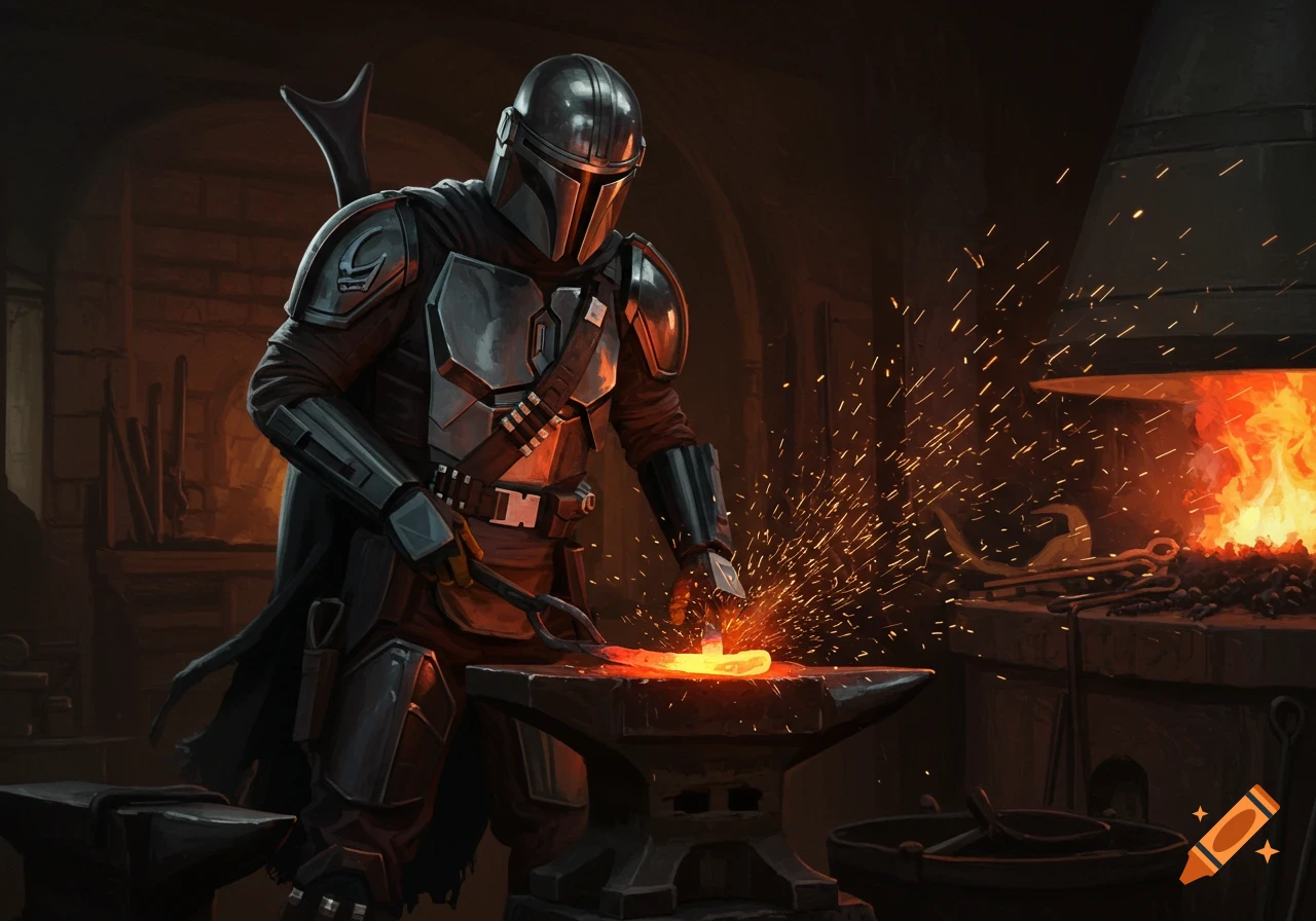 A Mandalorian blacksmith hammers a glowing piece of metal on an anvil in a dark forge, with sparks flying.