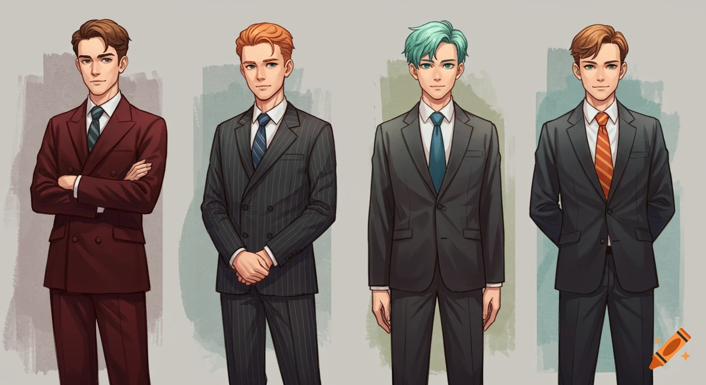 Four anime-style teenage male characters in different suits and poses on a neutral background.