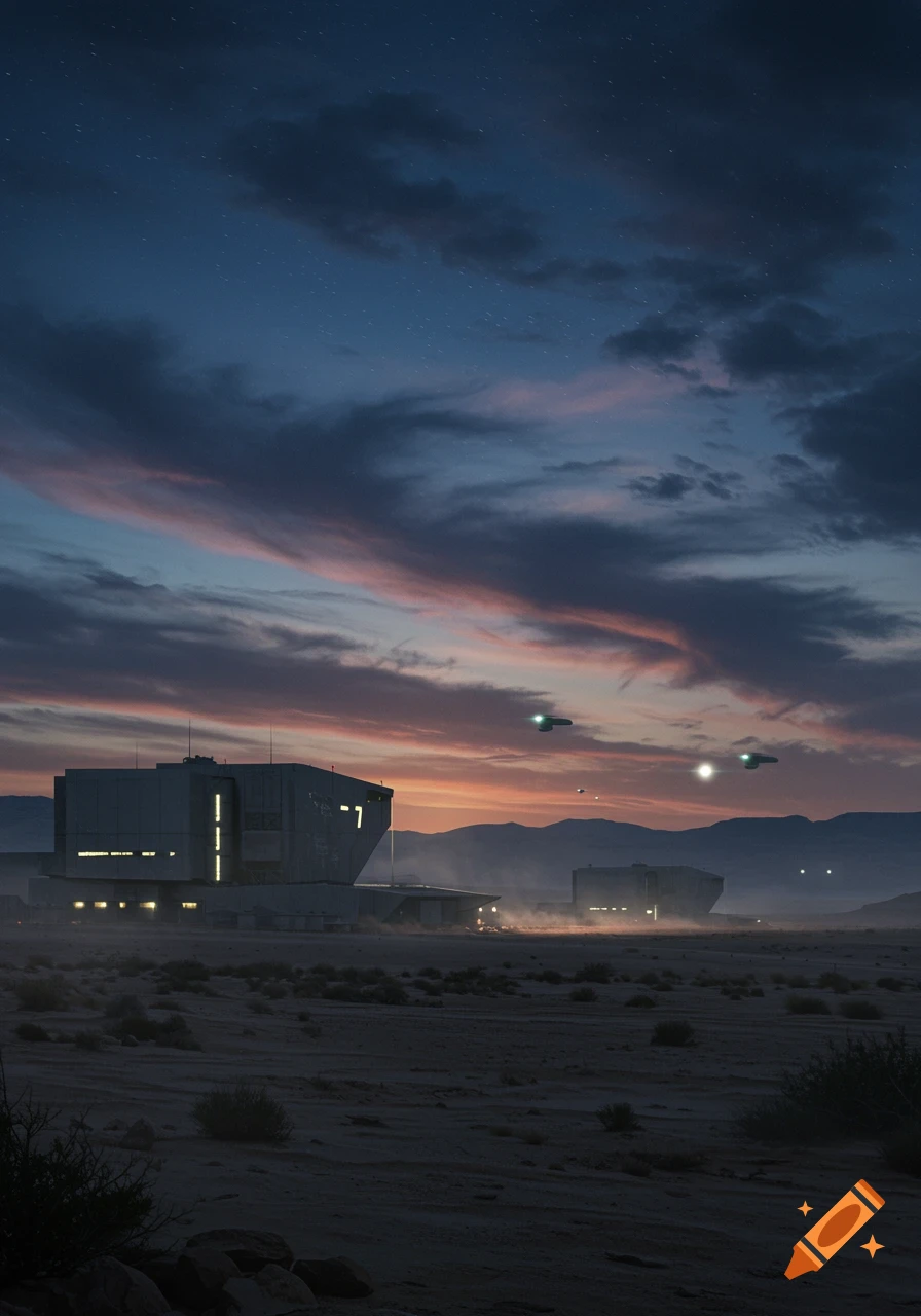 A futuristic military base in a vast desert landscape under a twilight sky with multiple flying craft.