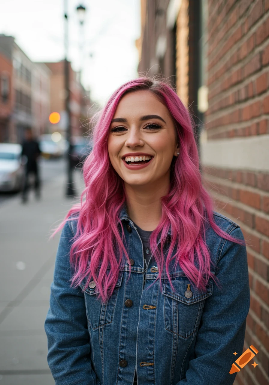 A young woman with vibrant pink hair smiles happily in a photorealistic street portrait, wearing a denim jacket on a city street.