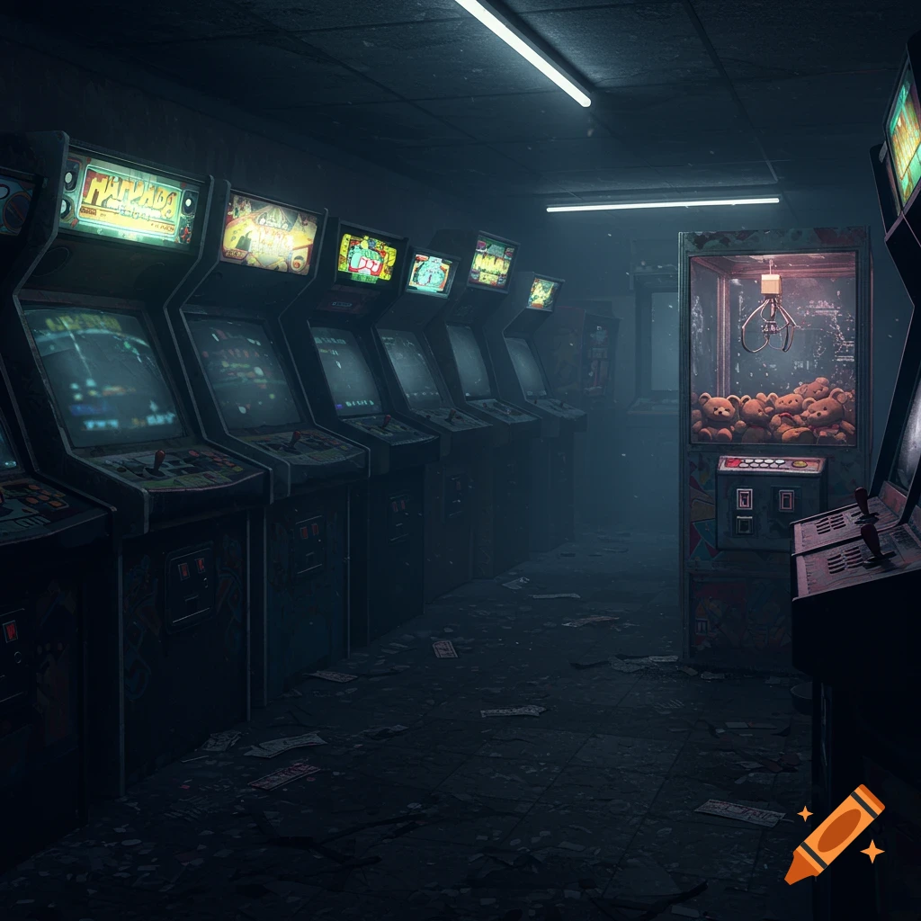 A dark, abandoned arcade with rows of old arcade machines and a claw machine filled with teddy bears.