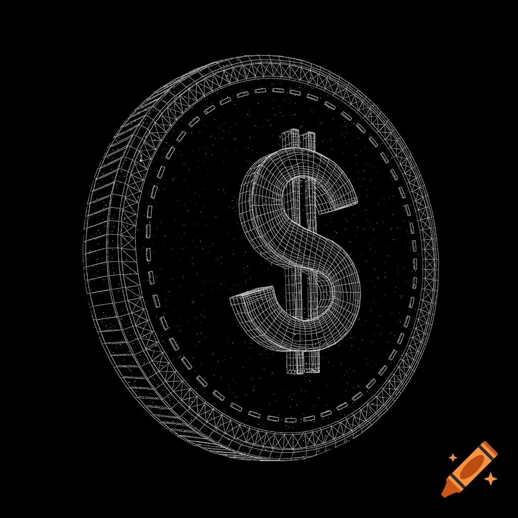 A white wireframe dollar coin with a dollar sign at its center against a black background.