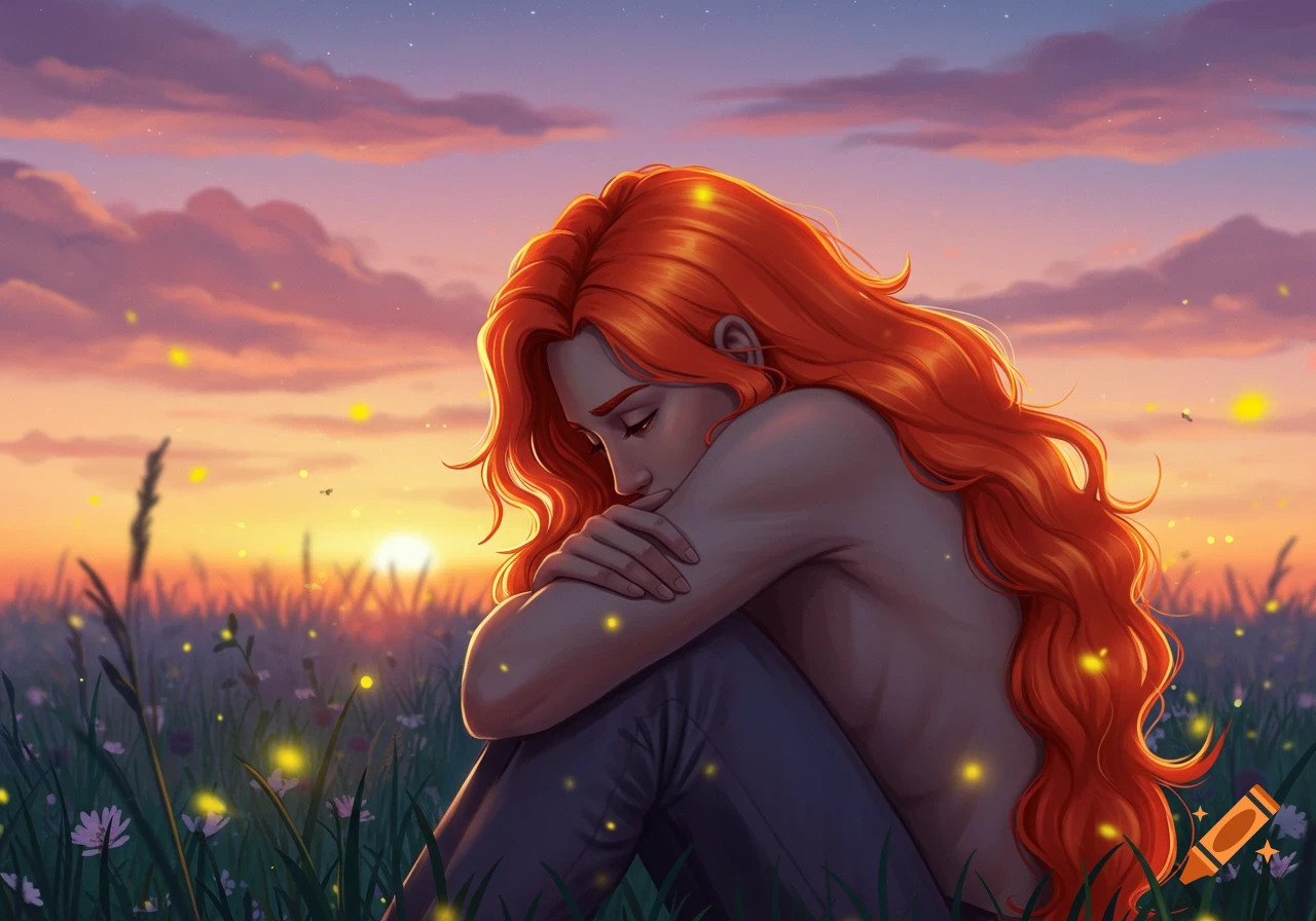 An artistic illustration of a person with long, flowing orange hair sitting in a field, hugging themselves, at sunset with fireflies.