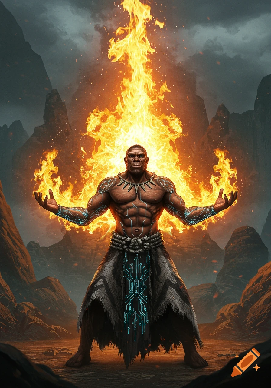 A muscular, prehistoric man with glowing blue nanotechnology patterns on his body stands in a rocky landscape, summoning a large wall of fire with outstretched hands. Digital art.