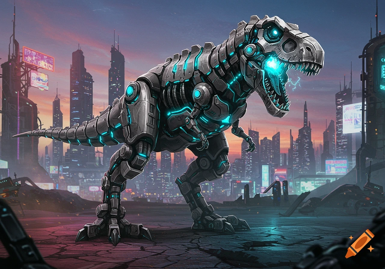 A large, detailed robotic T-Rex with glowing blue parts stands in a futuristic city at sunset.