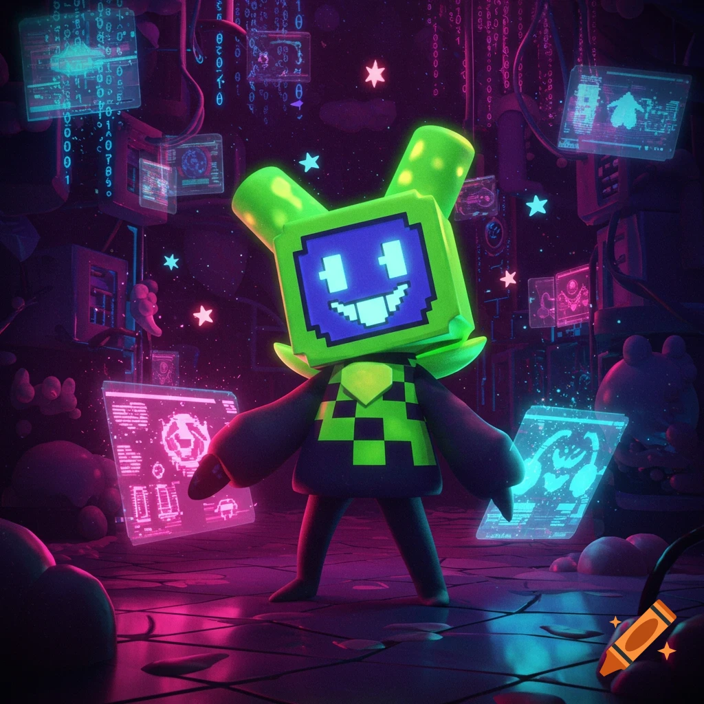 A vibrant green pixel art character with a screen face and bunny ears stands in a dark, neon-lit digital world filled with floating screens and code.