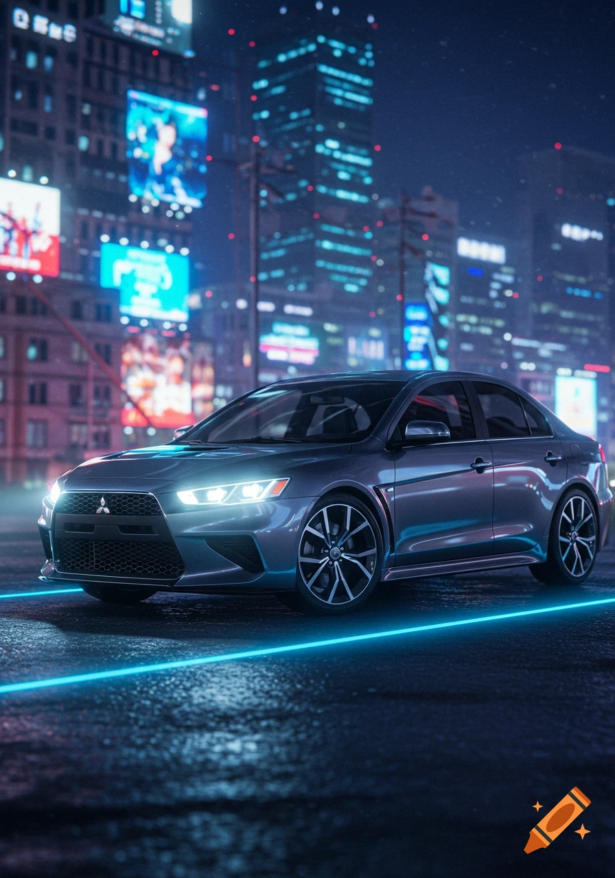 A gray Mitsubishi Lancer Evolution parked on a wet street at night, with neon blue lines on the ground and blurry illuminated city skyscrapers in the background.