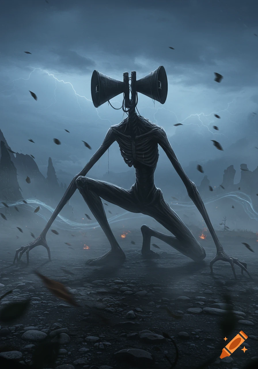 A skeletal Siren Head monster with sirens for a head crouches in a dark, stormy, desolate landscape with lightning.
