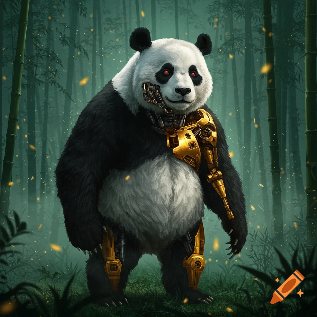 A cyborg panda with golden robotic parts and glowing red eyes stands in a lush green bamboo forest.