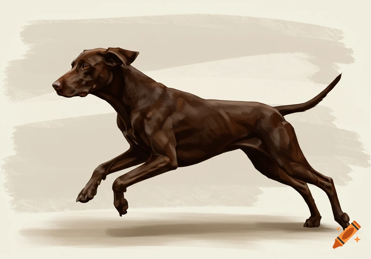 A brown dog runs in a painterly illustration style on a light background.