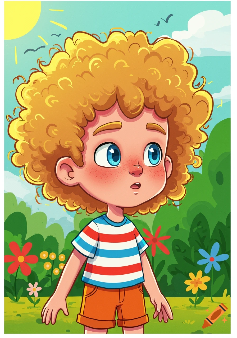 A cartoon boy with curly blond hair, blue eyes, and freckles stands in a field with flowers, under a sunny sky.