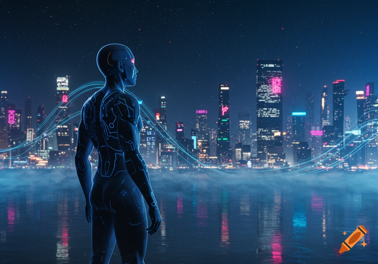 A neon blue humanoid figure with glowing circuits stands looking over a futuristic city skyline with neon lights at night, reflecting in water.