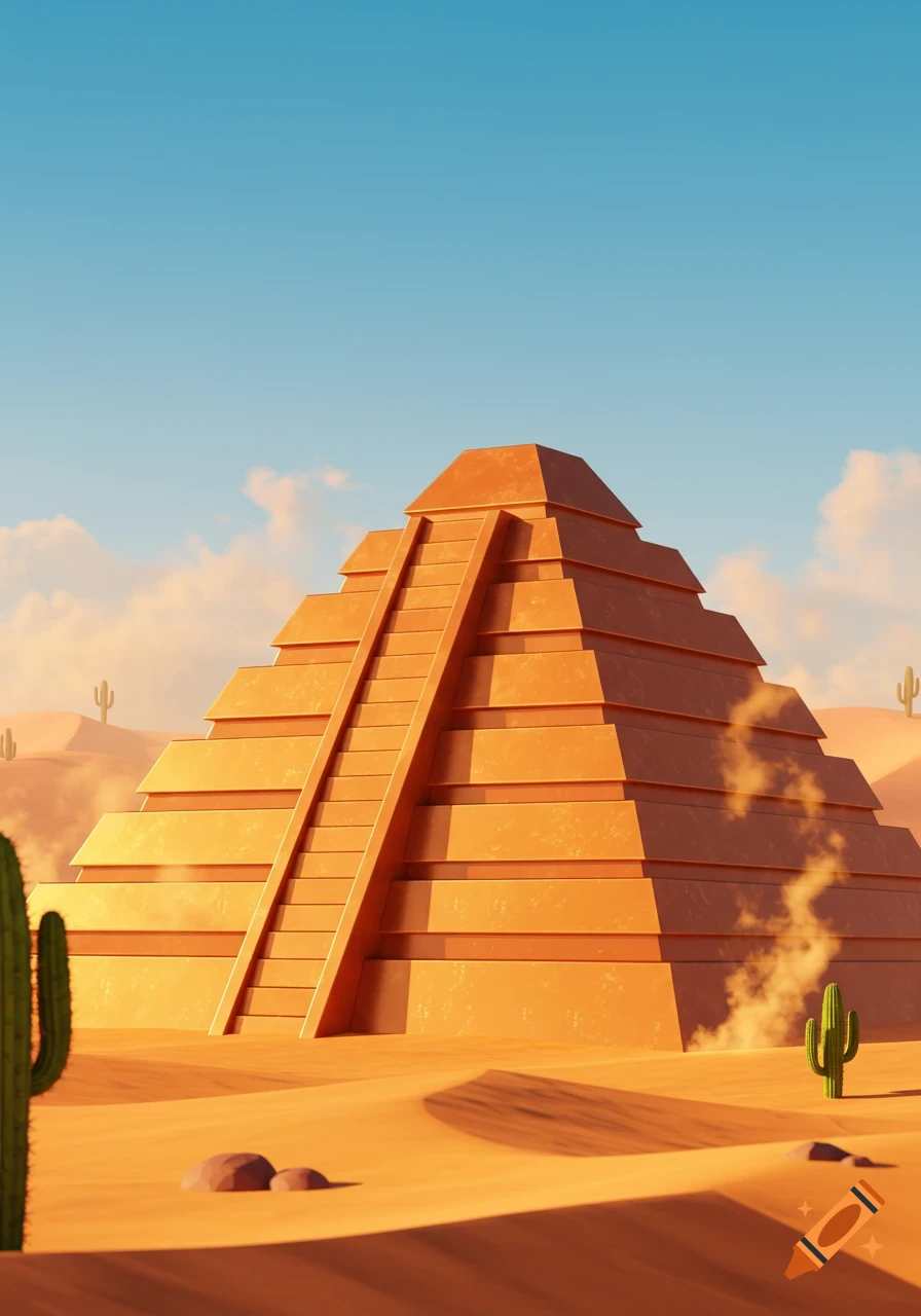 A stylized orange pyramid with a long staircase on a sandy desert landscape under a clear blue sky, with cactuses and distant dunes.