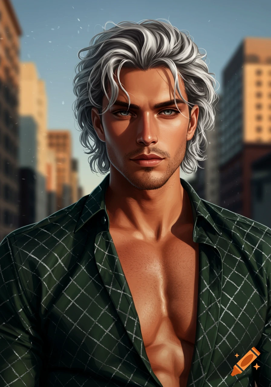 A stylized digital portrait of a young man with silver hair, green eyes, and a muscular build, wearing an unbuttoned plaid shirt.
