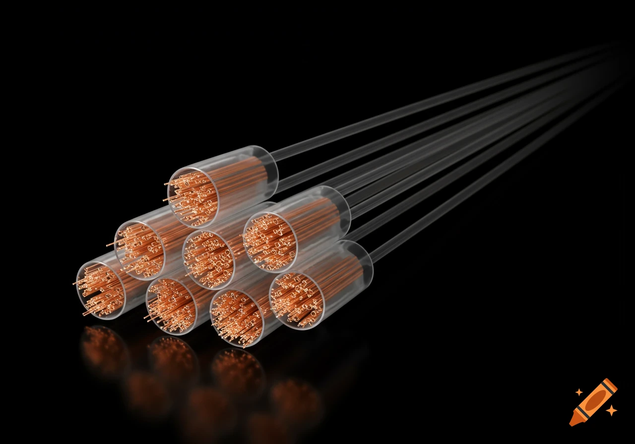 Photorealistic image of seven bundled translucent optical fibers with copper-colored cores on a black background.