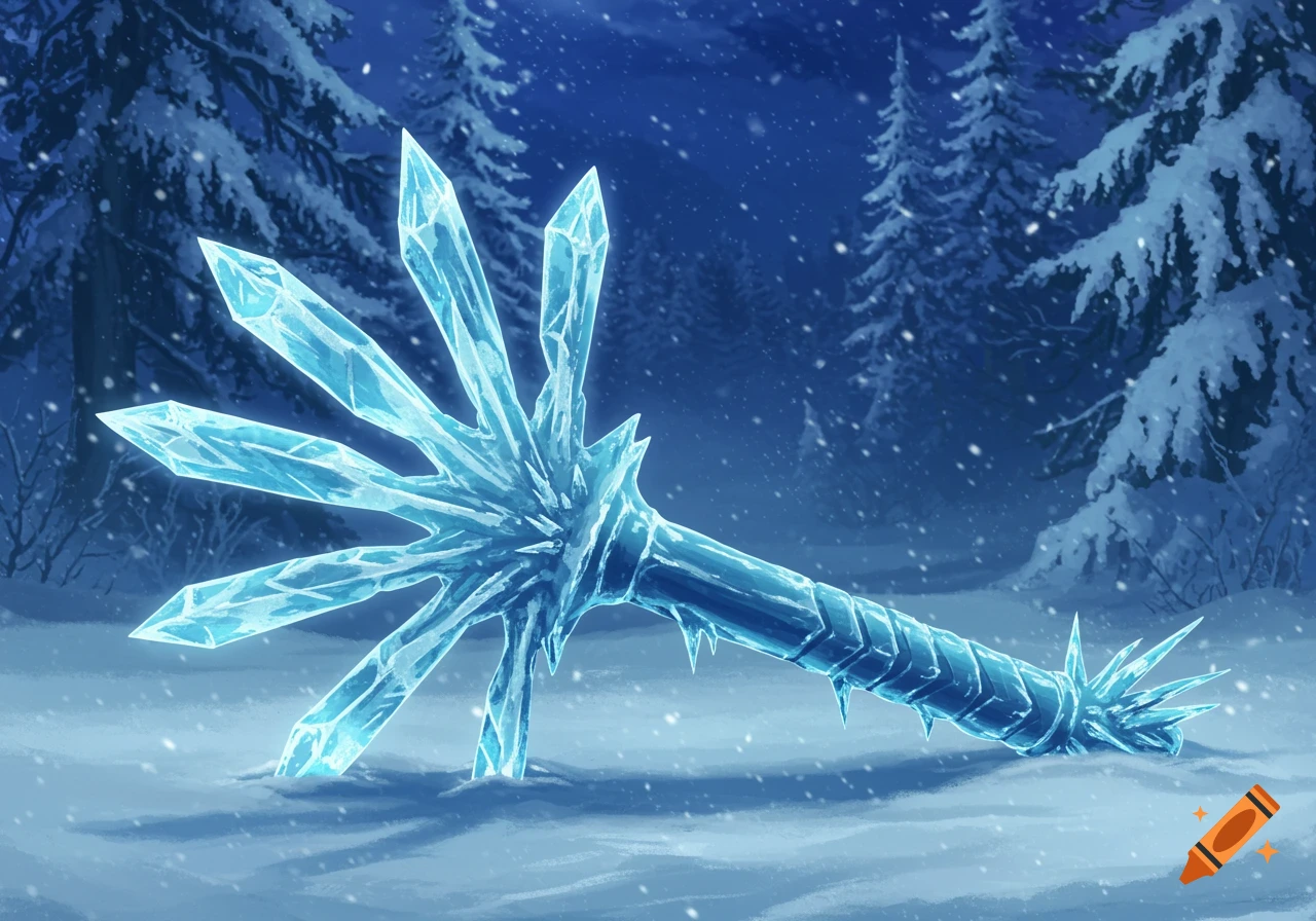 A luminous blue ice weapon, resembling a Japanese tonfa with sharp spikes, lies partially buried in deep snow in a winter forest under falling snow.