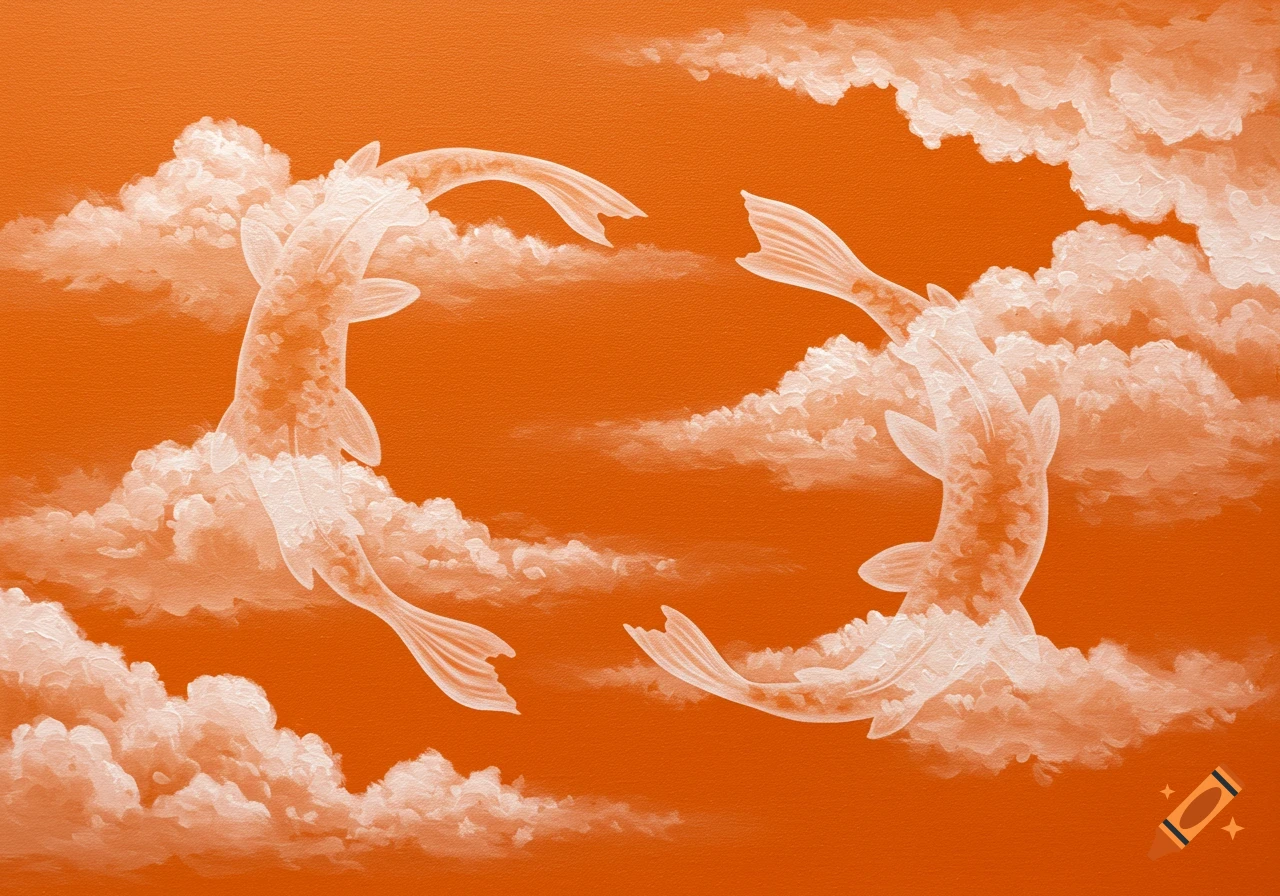 Two white, cloud-like koi fish swim in a circle on an orange background with white clouds. Painting style.