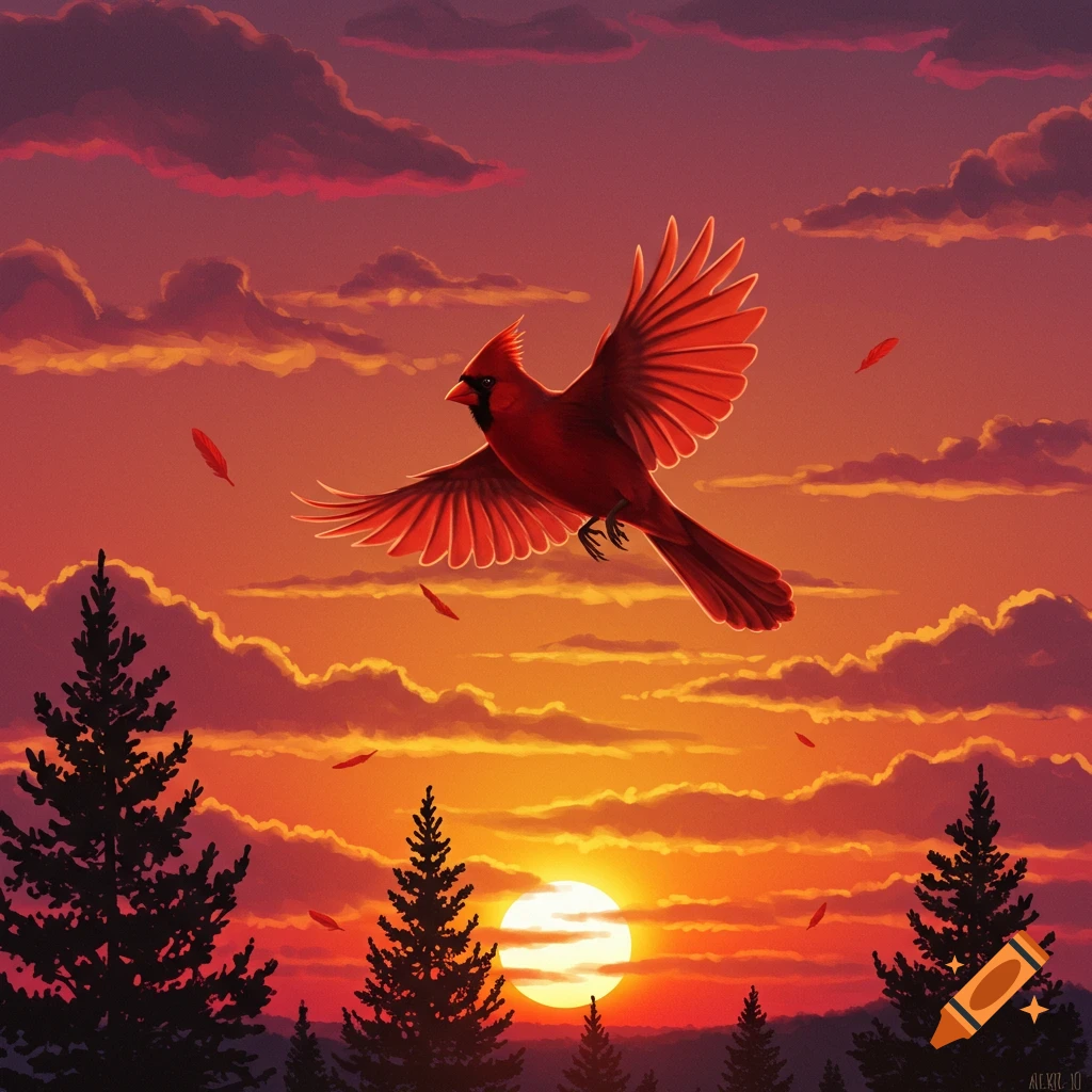 A vibrant red cardinal flies across a dramatic orange and purple sunset sky with scattered feathers and silhouetted pine trees below.