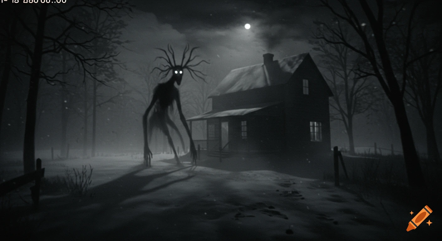 A tall, shadowy wendigo with glowing eyes stands outside a dark house in a snowy, moonlit forest, rendered in grainy monochrome.
