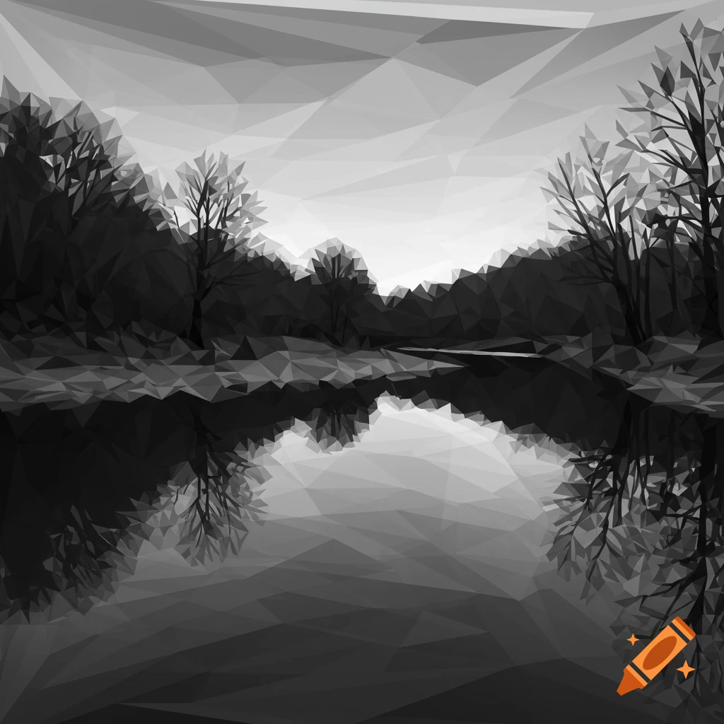 A black and white, low-polygon landscape featuring a river reflecting trees under a cloudy sky.
