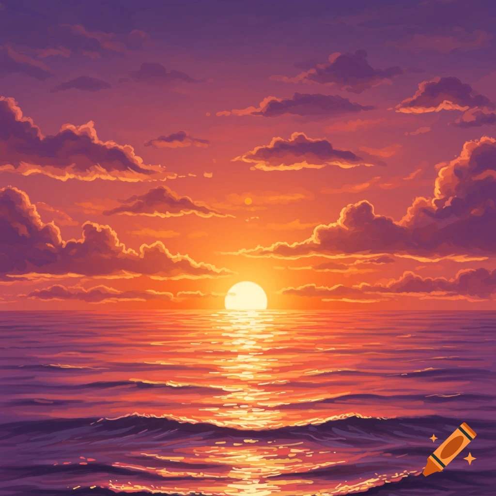 A vibrant digital painting of a sunset over the ocean, with an orange sun reflecting on the water and colorful clouds.