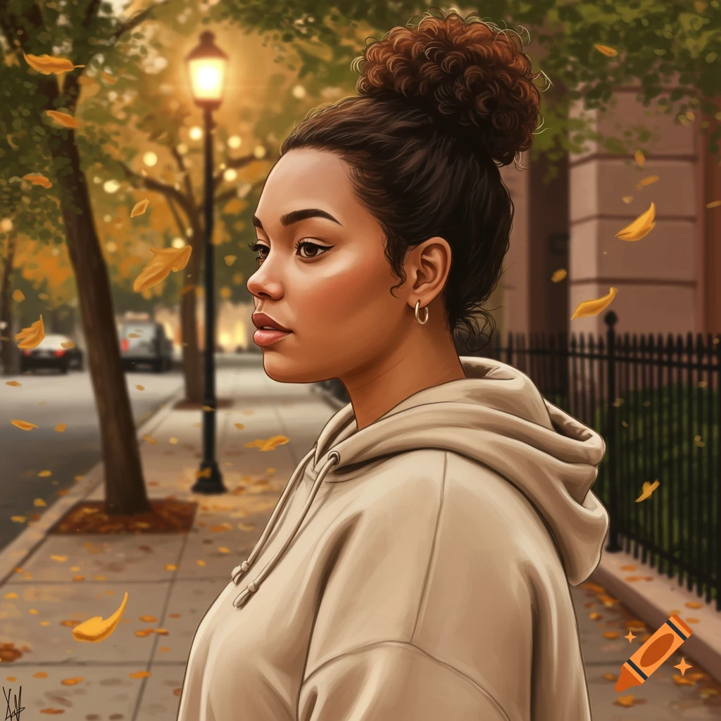 A young woman with a bun and a beige hoodie walks on an autumn city street with falling leaves, digital art.