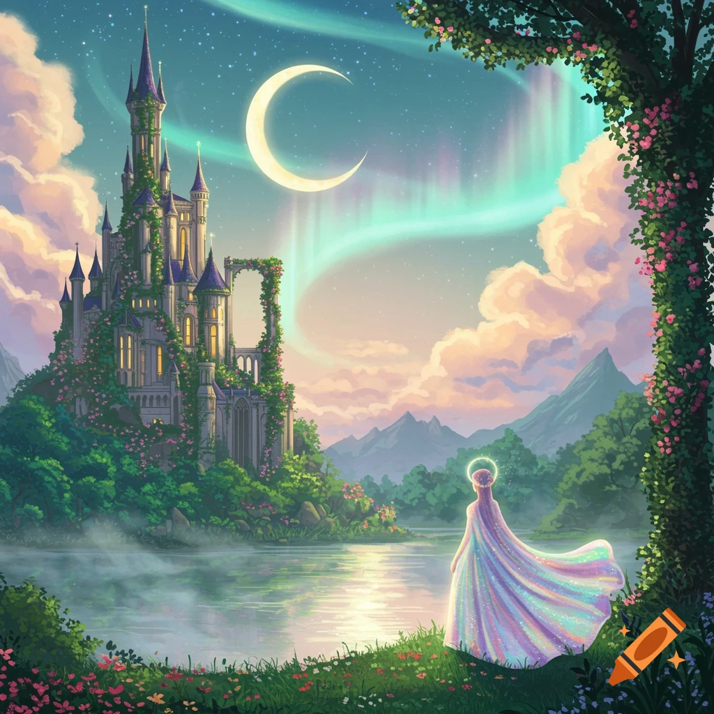 A majestic, vine-covered castle by a shimmering lake under a crescent moon and aurora. A person in a flowing gown stands by the water.