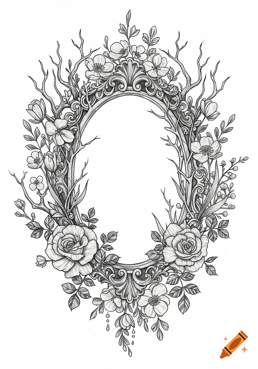 Black and white gothic whimsical illustration of an ornate oval frame surrounded by intricate roses, flowers, and thorny branches.