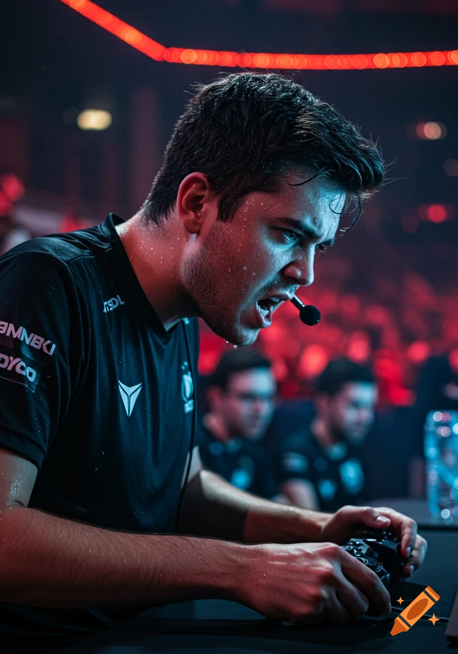 A male esports player, drenched in sweat, intensely focused on a game controller during a competition, illuminated by red and blue lights.