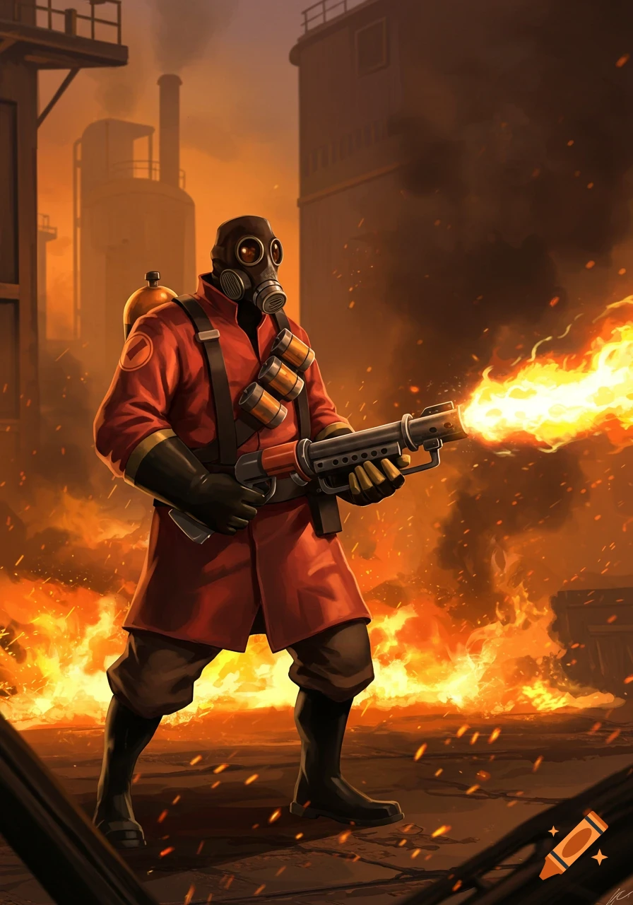 An illustrated character, Pyro from TF2, in a red suit and gas mask, holds a flamethrower amidst fire and smoke in an industrial setting.