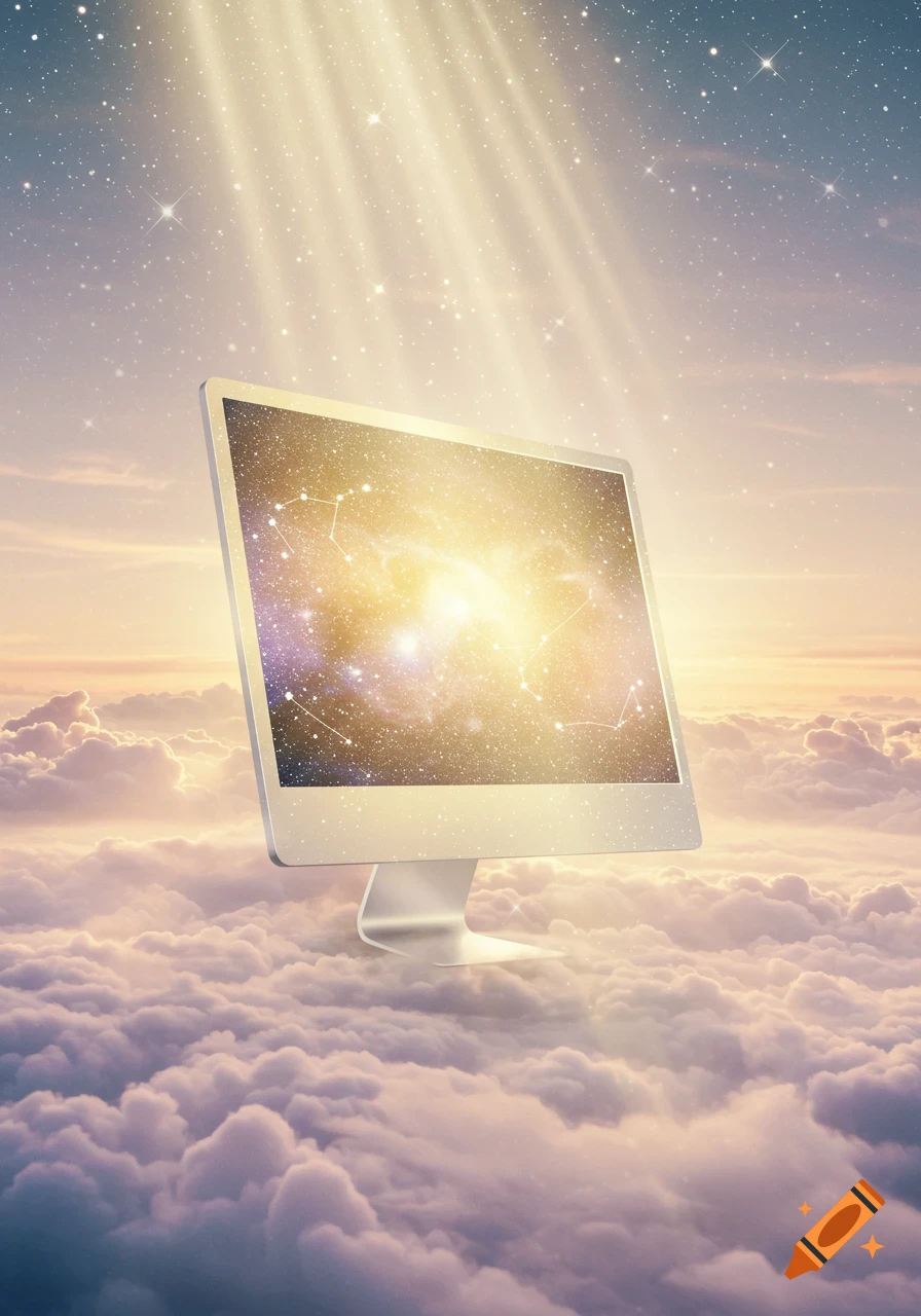 A silver computer monitor floats in a sky filled with fluffy clouds and shimmering stars, with rays of golden light streaming down.
