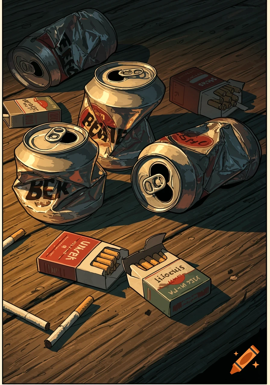 Comic art style illustration of crushed beer cans and open cigarette packs on a wooden table.