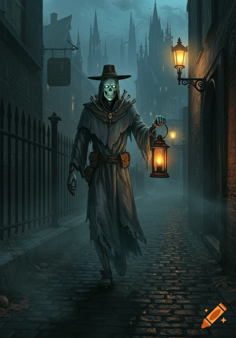 A skeletal figure in a tattered cloak and hat walks a dark, misty cobblestone alley with a lantern, gothic buildings behind.