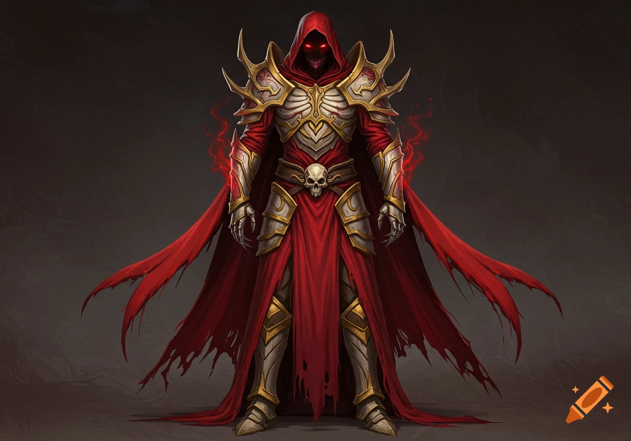 A full-body concept design of an armored mage in crimson robes with bone-like armor, glowing red eyes, and a skull on the belt, on a dark background.